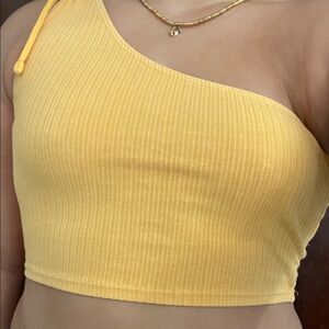 Aerie Yellow Ribbed One-Shoulder Crop Top